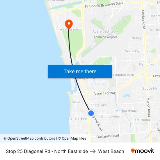 Stop 25 Diagonal Rd - North East side to West Beach map