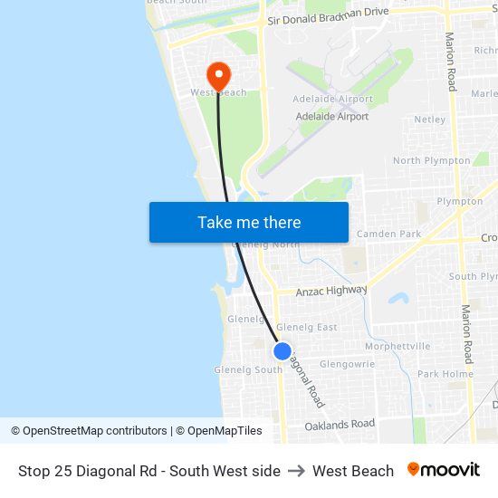 Stop 25 Diagonal Rd - South West side to West Beach map