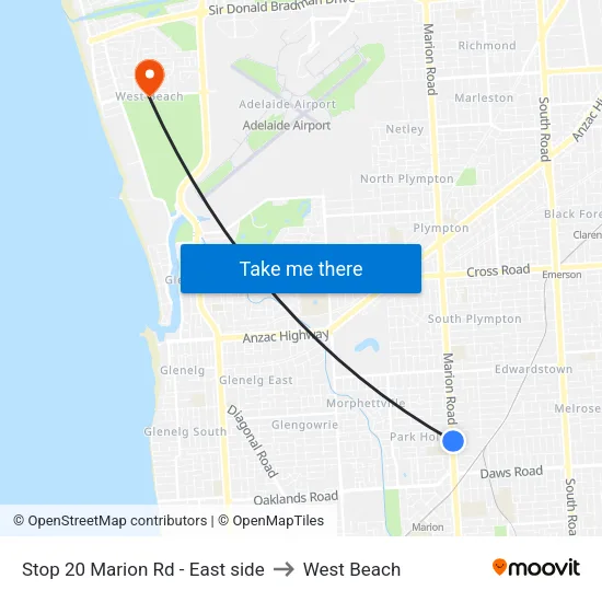 Stop 20 Marion Rd - East side to West Beach map