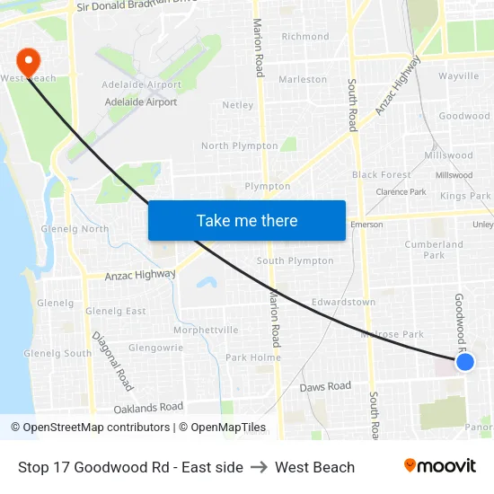 Stop 17 Goodwood Rd - East side to West Beach map