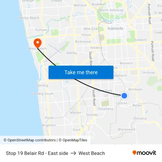 Stop 19 Belair Rd - East side to West Beach map