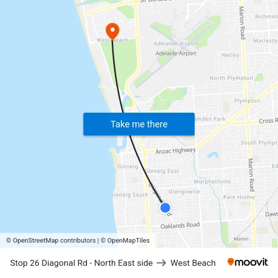 Stop 26 Diagonal Rd - North East side to West Beach map