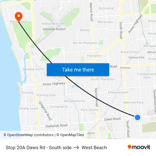 Stop 20A Daws Rd - South side to West Beach map