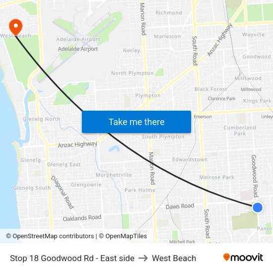 Stop 18 Goodwood Rd - East side to West Beach map