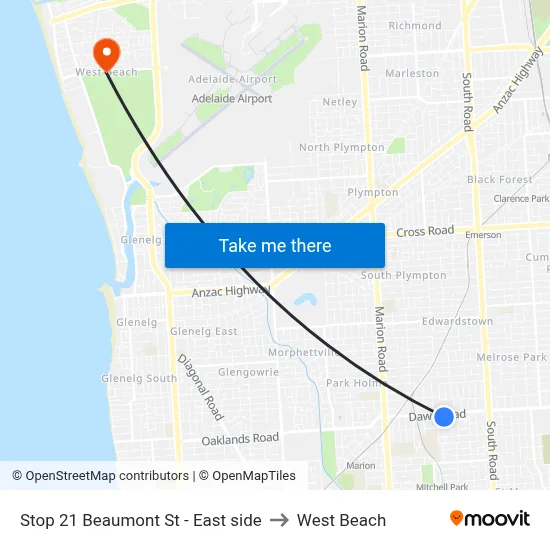 Stop 21 Beaumont St - East side to West Beach map