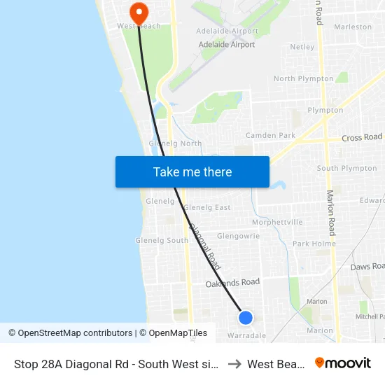 Stop 28A Diagonal Rd - South West side to West Beach map