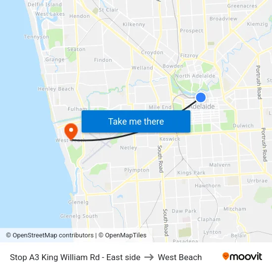 Stop A3 King William Rd - East side to West Beach map