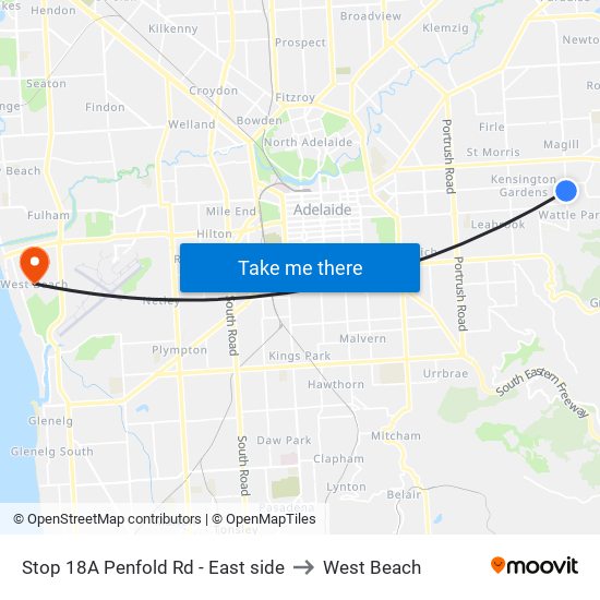 Stop 18A Penfold Rd - East side to West Beach map