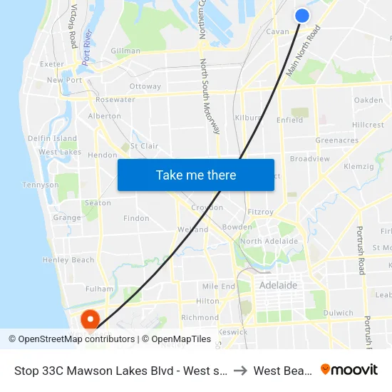 Stop 33C Mawson Lakes Blvd - West side to West Beach map