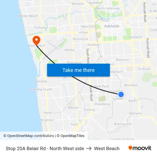 Stop 20A Belair Rd - North West side to West Beach map