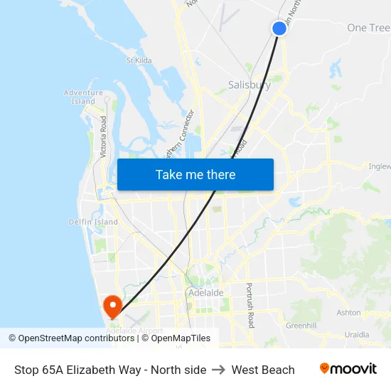 Stop 65A Elizabeth Way - North side to West Beach map