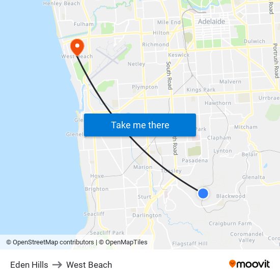 Eden Hills to West Beach map