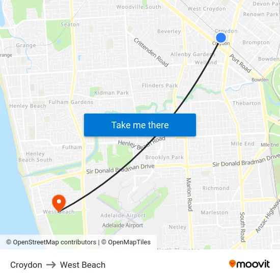 Croydon to West Beach map