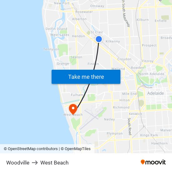 Woodville to West Beach map