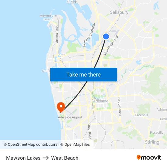 Mawson Lakes to West Beach map