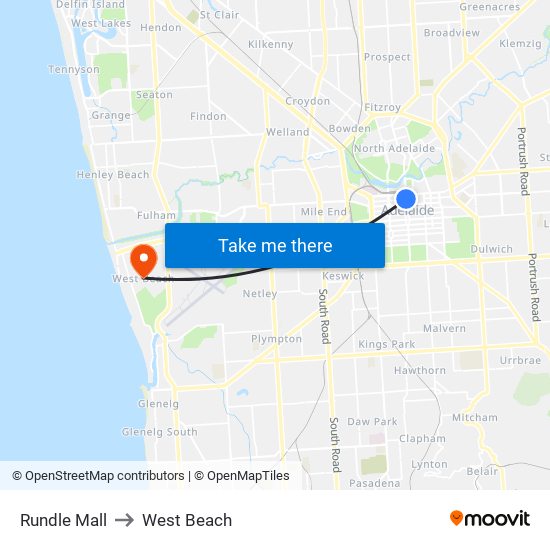 Rundle Mall to West Beach map