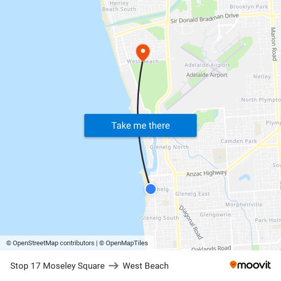 Stop 17 Moseley Square to West Beach map