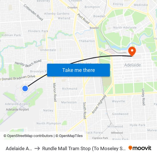 Adelaide Airport to Rundle Mall Tram Stop (To Moseley Square Glenelg) map