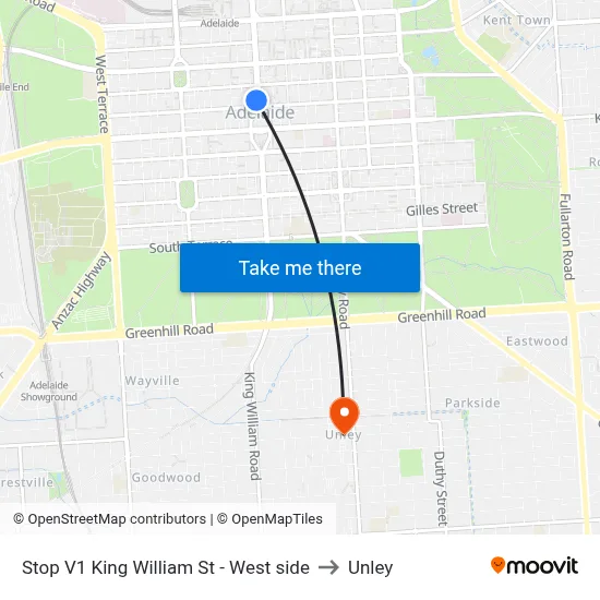 Stop V1 King William St - West side to Unley map