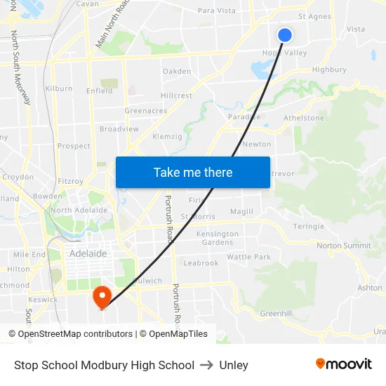 Stop School Modbury High School to Unley map
