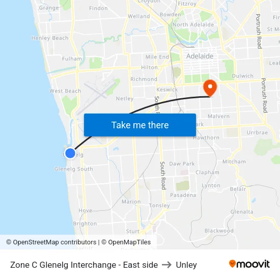Zone C Glenelg Interchange - East side to Unley map