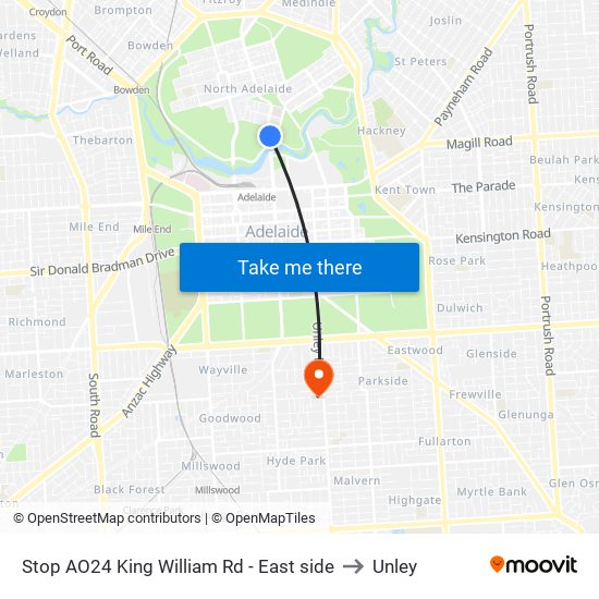 Stop AO24 King William Rd - East side to Unley map