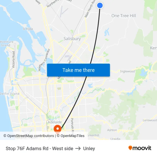 Stop 76F Adams Rd - West side to Unley map