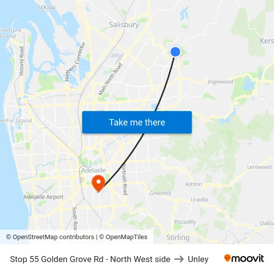 Stop 55 Golden Grove Rd - North West side to Unley map
