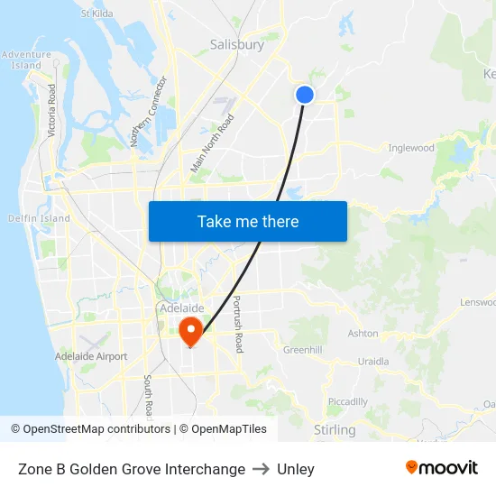 Zone B Golden Grove Interchange to Unley map