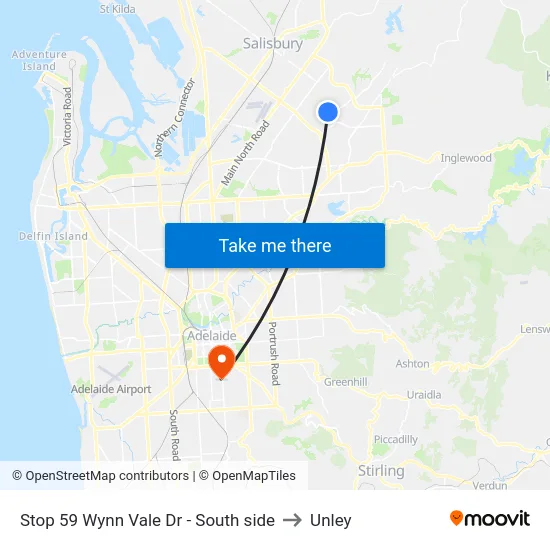 Stop 59 Wynn Vale Dr - South side to Unley map