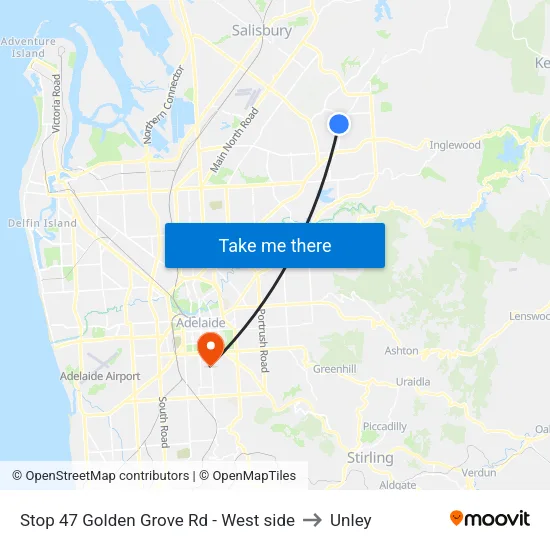 Stop 47 Golden Grove Rd - West side to Unley map