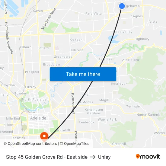 Stop 45 Golden Grove Rd - East side to Unley map