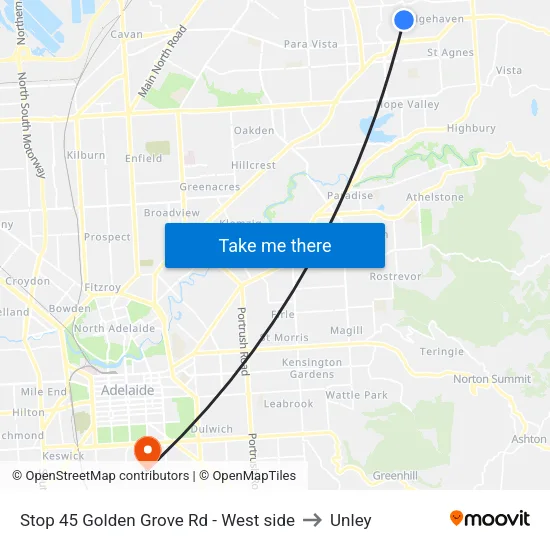 Stop 45 Golden Grove Rd - West side to Unley map