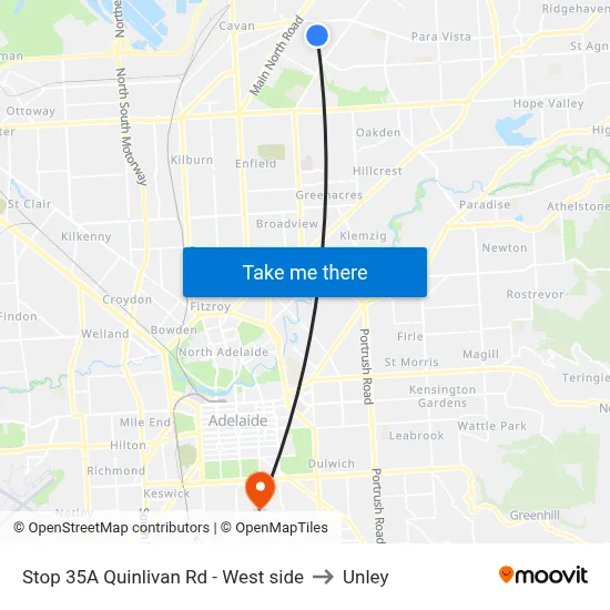 Stop 35A Quinlivan Rd - West side to Unley map
