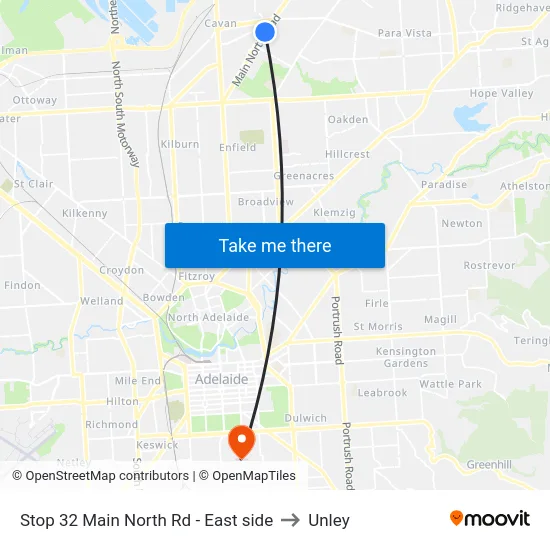 Stop 32 Main North Rd - East side to Unley map