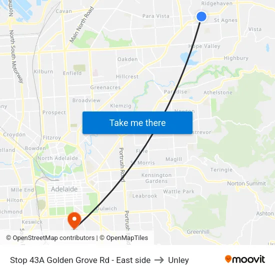 Stop 43A Golden Grove Rd - East side to Unley map