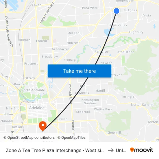 Zone A Tea Tree Plaza Interchange - West side to Unley map