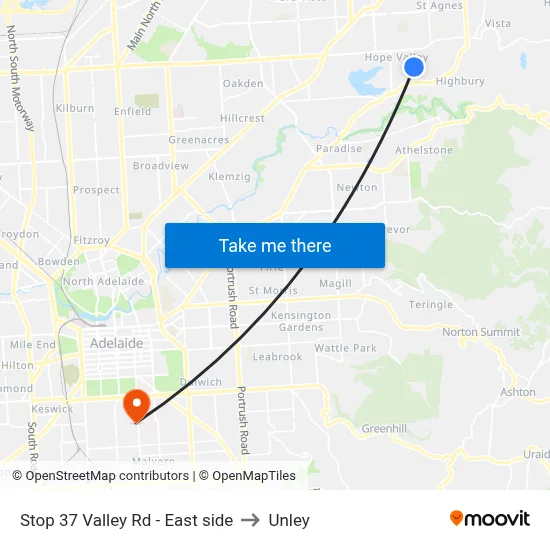 Stop 37 Valley Rd - East side to Unley map