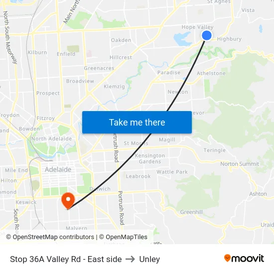 Stop 36A Valley Rd - East side to Unley map