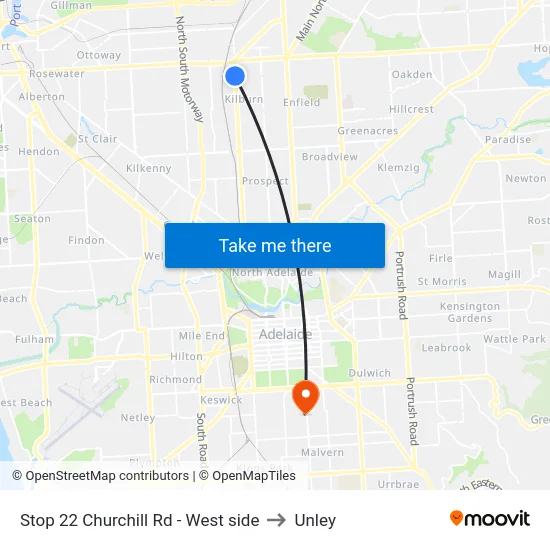 Stop 22 Churchill Rd - West side to Unley map