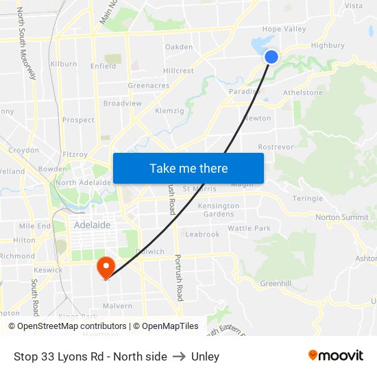 Stop 33 Lyons Rd - North side to Unley map
