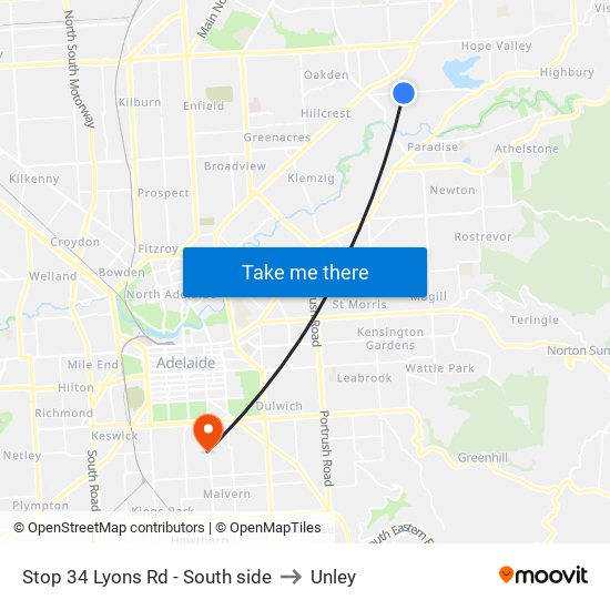 Stop 34 Lyons Rd - South side to Unley map
