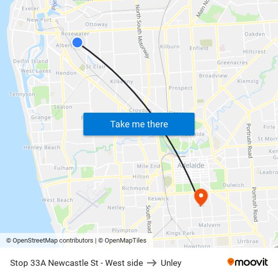 Stop 33A Newcastle St - West side to Unley map