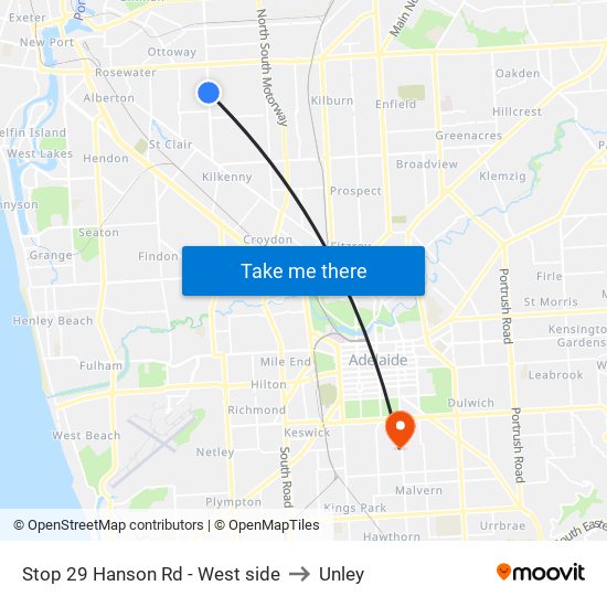 Stop 29 Hanson Rd - West side to Unley map