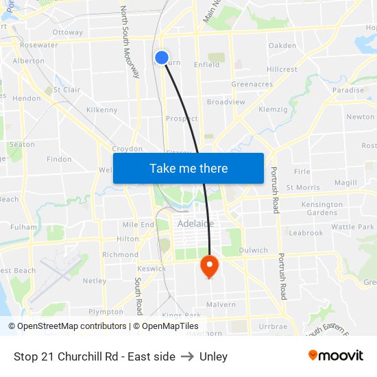 Stop 21 Churchill Rd - East side to Unley map