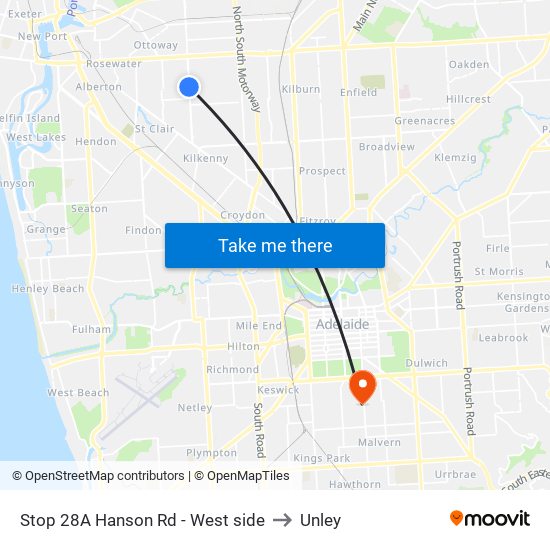 Stop 28A Hanson Rd - West side to Unley map