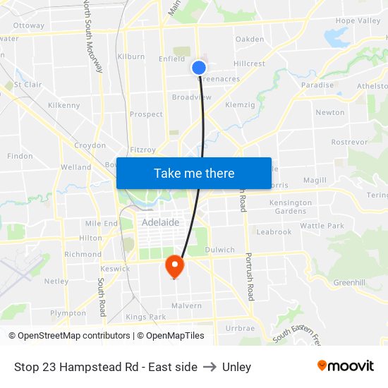 Stop 23 Hampstead Rd - East side to Unley map