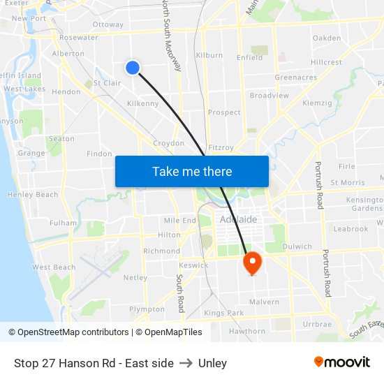 Stop 27 Hanson Rd - East side to Unley map