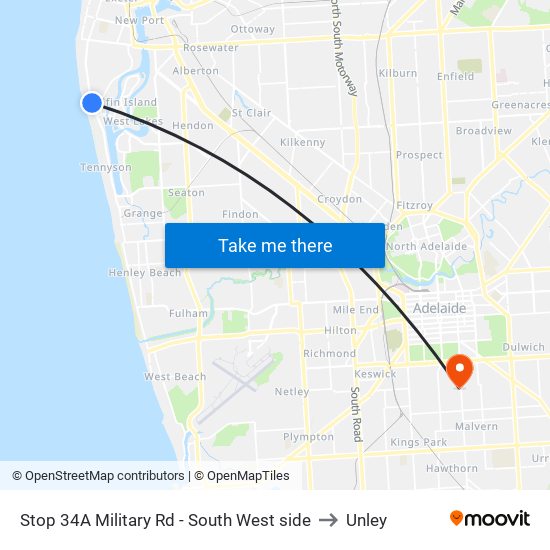 Stop 34A Military Rd - South West side to Unley map