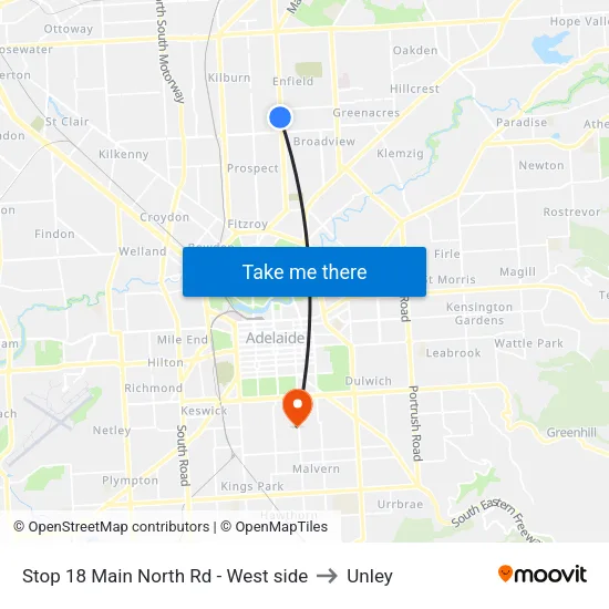 Stop 18 Main North Rd - West side to Unley map